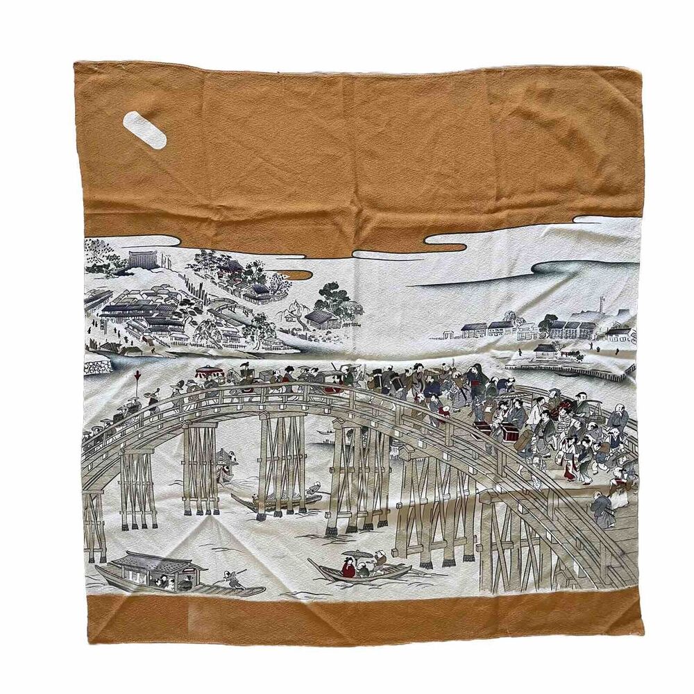 Vintage 1960s 60s Japanese Folk Art Block Print Bridge Scarf MCM 26x26